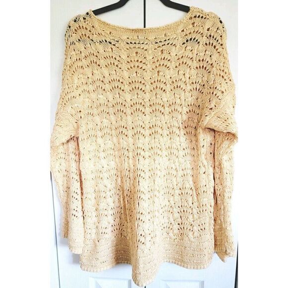 Chico's 3 Sweater Metallic Gold Open Knit Round Neck Long Sleeves - Picture 4 of 5